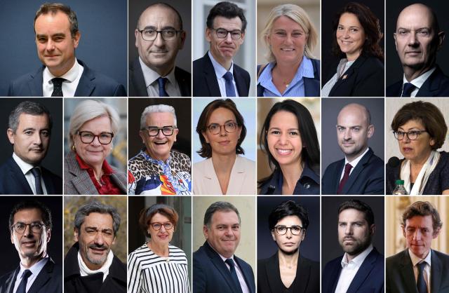 TOPSHOT - (COMBO) This combination of file photographs created on October 13, 2025 shows newly-appointed members of the cabinet of French Prime Minister Sebastien Lecornu (Top-L) following its' announcement (Top row from L) Minister for the Interior Laurent Nunez, Minister of Higher Education and Research Philippe Baptiste, Minister of Health, Families, Autonomy, and People with Disabilities Stephanie Rist, Minister for Sports, Youth, and Community Life Marina Ferrari, Minister of the Economy, Finance, and Industrial, Energy and Digital Sovereignty Roland Lescure, (Middle row from L) Minister for Justice Gerald Darmanin, Minister for the Armed Forces Catherine Vautrin, Minister for Territorial Planning and Decentralisation Francoise Gatel, Minister of Public Action and Accounts Amelie de Montchalin, Minister for Overseas Territories Naima Moutchou, Minister of Foreign Affairs Jean-Noel Barrot, Minister for Ecological Transition, Biodiversity and International Negotiations on Climate and Nature Monique Barbut, (Bottom row from left) Minister for Work and Solidarity Jean-Pierre Farandou, Minister of Small and Medium-Sized Enterprises, Trade, Crafts, Tourism, and Purchasing Power Serge Papin, Minister for Agriculture and Food Sovereignty Annie Genevard, Minister in charge of Transports Philippe Tabarot, Minister of Culture Rachida Dati, Minister for Urban Affairs and Housing Vincent Jeanbrun and France's Education Minister Edouard Geffray. (Photo by AFP)