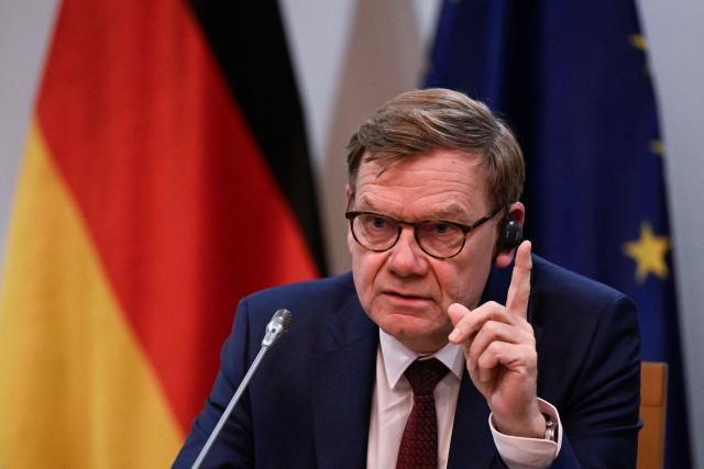 German Foreign Minister Johann Wadephul speaks during a joint press conference with his Bulgarian counterpart in Sofia on October 13, 2025. (Photo by Nikolay DOYCHINOV / AFP)