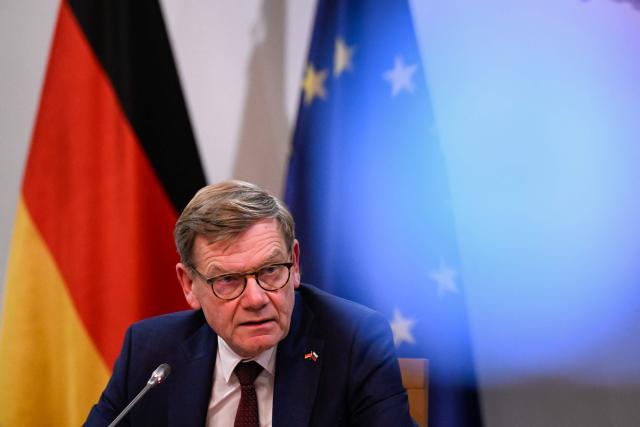 German Foreign Minister Johann Wadephul speaks during a joint press conference with his Bulgarian counterpart in Sofia on October 13, 2025. (Photo by Nikolay DOYCHINOV / AFP)
