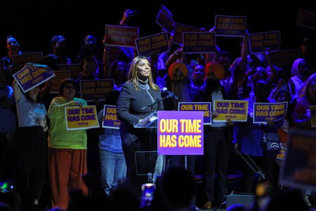 New York Attorney General Letitia James speaks during New York City Democratic mayoral candidate Zohran Mamdani's rally in Washington Heights, New York on October 13, 2025. (Photo by CHARLY TRIBALLEAU / AFP)