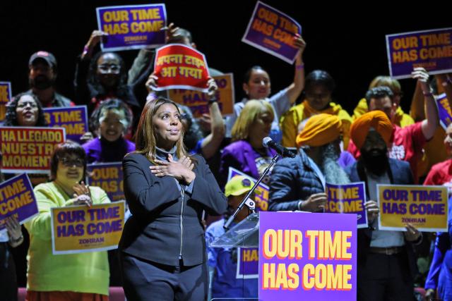 New York Attorney General Letitia James walks on stage during New York City Democratic mayoral candidate Zohran Mamdani's rally in Washington Heights, New York on October 13, 2025. (Photo by CHARLY TRIBALLEAU / AFP)