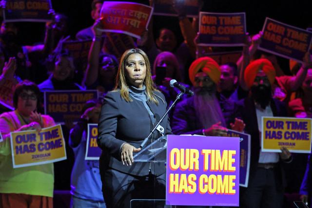 New York Attorney General Letitia James speaks during New York City Democratic mayoral candidate Zohran Mamdani's rally in Washington Heights, New York on October 13, 2025. (Photo by CHARLY TRIBALLEAU / AFP)