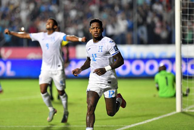 Honduras' forward #12 Romell Quioto celebrates scoring his team's third goal during the 2026 FIFA World Cup Concacaf qualifier football match between Honduras and Haiti at the Chelato Ucles National Stadium in Tegucigalpa on October 13, 2025. (Photo by Orlando SIERRA / AFP)