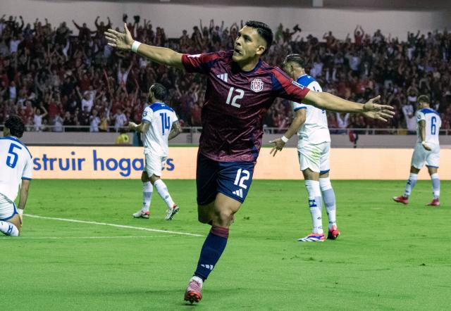 Costa Rica's forward #12 Alonso Martinez celebrates after scoring a goal during the 2026 FIFA World Cup Concacaf qualifier football match between Costa Rica and Nicaragua at the National Stadium in San Jose on October 13, 2025. (Photo by EZEQUIEL BECERRA / AFP)