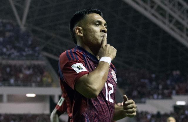 Costa Rica's forward #12 Alonso Martinez celebrates after scoring a goal during the 2026 FIFA World Cup Concacaf qualifier football match between Costa Rica and Nicaragua at the National Stadium in San Jose on October 13, 2025. (Photo by EZEQUIEL BECERRA / AFP)