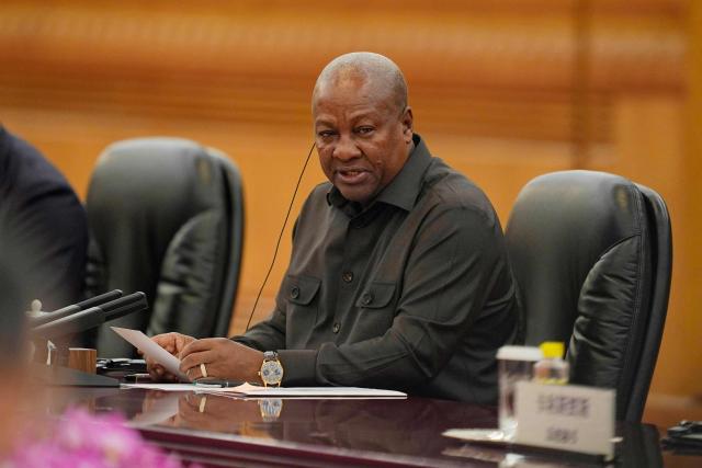 Ghana's President John Mahama speaks during a meeting with Chinese President Xi Jinping (not pictured) at the Great Hall of the People in Beijing on October 14, 2025. (Photo by Ichiro Banno / POOL / AFP)