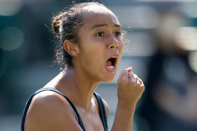 Canada's Leylah Fernandez reacts to winning a point against the USA's Hailey Baptiste during their women's singles match at the Japan Open tennis tournament in Osaka on October 14, 2025. (Photo by PAUL MILLER / AFP)
