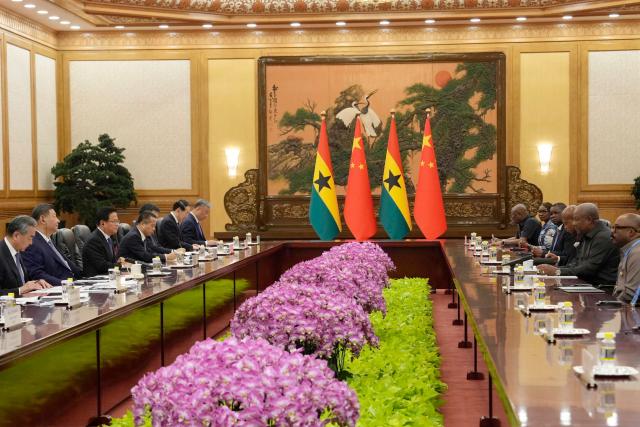 China's President Xi Jinping (2nd L) attends a meeting with Ghana's President John Mahama (2nd R) at the Great Hall of the People in Beijing on October 14, 2025. (Photo by Ichiro Banno / POOL / AFP)