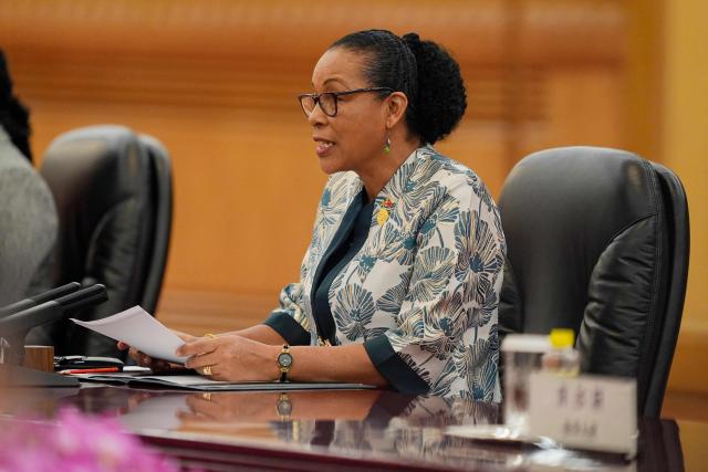 Dominica’s President Sylvanie Burton speaks during a meeting with Chinese President Xi Jinping (not pictured) at the Great Hall of the People in Beijing on October 14, 2025. (Photo by Ichiro Banno / POOL / AFP)