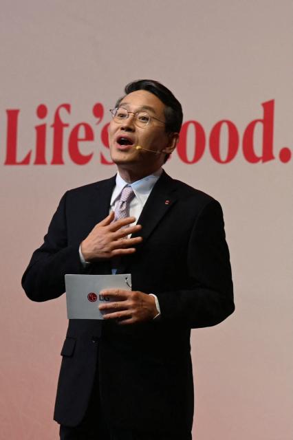 President & CEO of LG Electronics Inc. William (Joowan) Cho speaks during LG India IPO listing ceremony at the National Stock Exchange (NSE) in Mumbai on October 14, 2025. (Photo by Indranil Mukherjee / AFP)