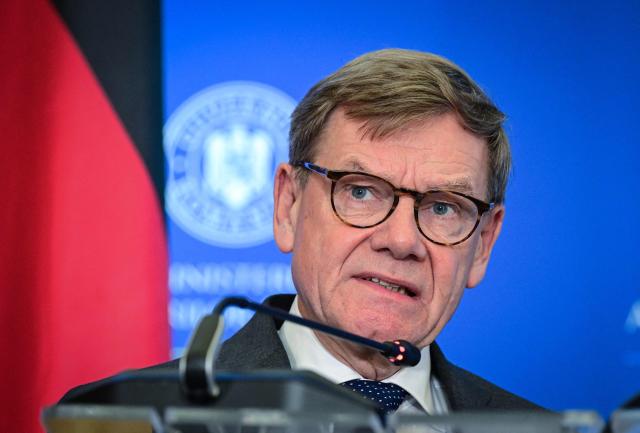 German Foreign Minister Johann Wadephul and his Romanian counterpart (not in picture) address a press conference at the Romanian Foreign Office in Bucharest, Romania, on October 14, 2025. (Photo by Daniel MIHAILESCU / AFP)