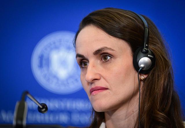 Romanian Foreign Minister Oana Toiu and her German counterpart (not in picture) address a press conference at the Romanian Foreign Office in Bucharest, Romania, on October 14, 2025. (Photo by Daniel MIHAILESCU / AFP)