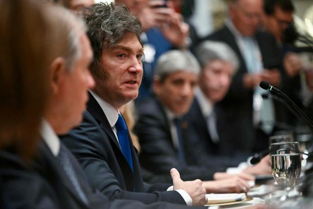 Argentina's President Javier Milei speaks during a meeting with US President Donald Trump in the Cabinet Room at the White House in Washington, DC on October 14, 2025. (Photo by ANDREW CABALLERO-REYNOLDS / AFP)