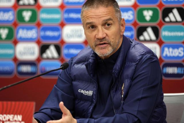 Serbia's coach Zoran Mirkovic speaks during a press conference after the FIFA World Cup 2026 Group K European qualification football match between Andorra and Serbia, at the New FAF Stadium in Encamp, on October 14, 2025. (Photo by Valentine CHAPUIS / AFP)