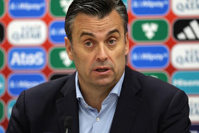 Andorra's coach Koldo speaks during a press conference after the FIFA World Cup 2026 Group K European qualification football match between Andorra and Serbia, at the New FAF Stadium in Encamp, on October 14, 2025. (Photo by Valentine CHAPUIS / AFP)