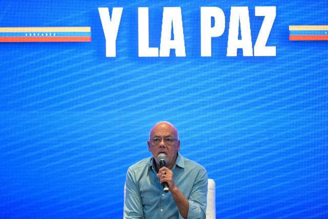 Venezuela's National Assembly President Jorge Rodriguez speaks during a National Council for Sovereignty and Peace event in Caracas on October 14, 2025. President Donald Trump said Tuesday that another strike on boats allegedly taking drugs from Venezuela toward the United States had killed six "narcoterrorists." (Photo by Juan BARRETO / AFP)