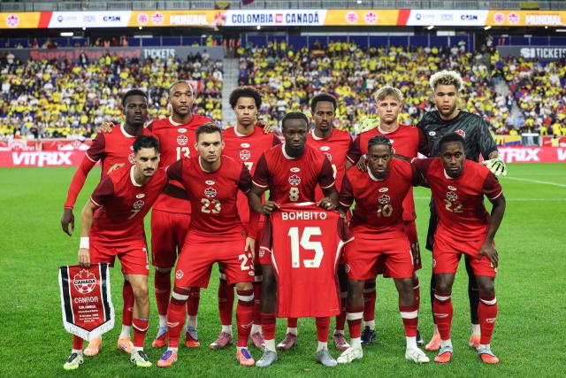 Canada's team pose for pictures ahead of the international friendly football match between Canada and Colombia at Sports Illustrated Stadium in Harrison, New Jersey, on October 14, 2025. (Photo by CHARLY TRIBALLEAU / AFP)