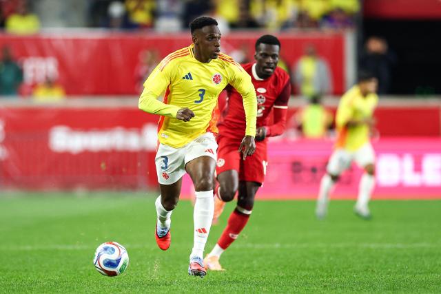 Colombia's defender #03 Jhon Lucumi controls the ball during the international friendly football match between Canada and Colombia at Sports Illustrated Stadium in Harrison, New Jersey, on October 14, 2025. (Photo by CHARLY TRIBALLEAU / AFP)