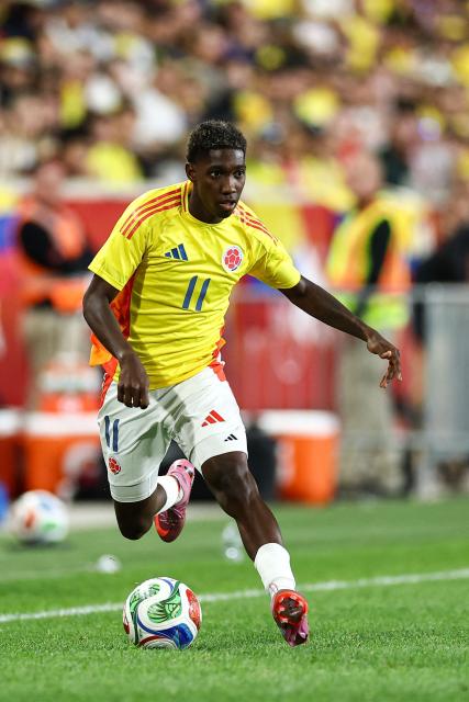 Colombia's midfielder #11 Yaser Asprilla controls the ball during the international friendly football match between Canada and Colombia at Sports Illustrated Stadium in Harrison, New Jersey, on October 14, 2025. (Photo by CHARLY TRIBALLEAU / AFP)