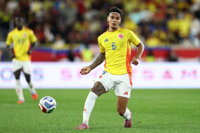Colombia's midfielder #06 Richard Rios controls the ball during the international friendly football match between Canada and Colombia at Sports Illustrated Stadium in Harrison, New Jersey, on October 14, 2025. (Photo by CHARLY TRIBALLEAU / AFP)