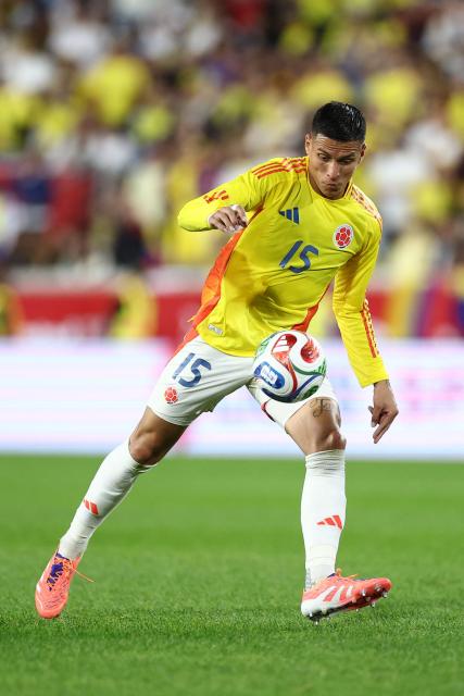 Colombia's midfielder #15 Juan Portilla controls the ball during the international friendly football match between Canada and Colombia at Sports Illustrated Stadium in Harrison, New Jersey, on October 14, 2025. (Photo by CHARLY TRIBALLEAU / AFP)