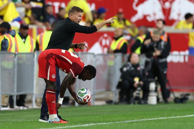Canada's US coach Jesse Marsch gestures during the international friendly football match between Canada and Colombia at Sports Illustrated Stadium in Harrison, New Jersey, on October 14, 2025. (Photo by CHARLY TRIBALLEAU / AFP)