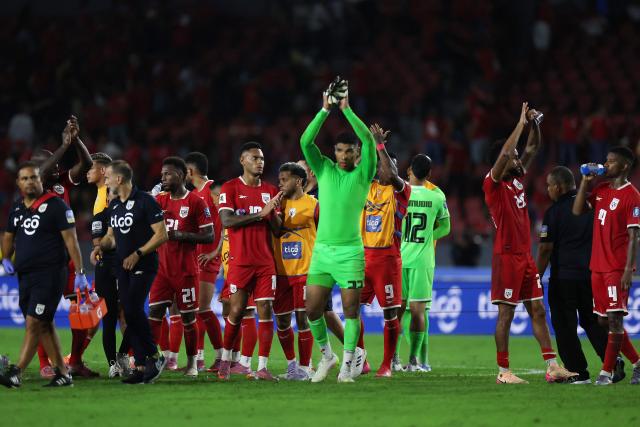 Players of Panama react at the end of the 2026 FIFA World Cup Concacaf qualifier football match between Panama and Suriname at the Rommel Fernandez Gutierrez Stadium in Panama City on October 14, 2025. (Photo by ARIS MARTINEZ / AFP)