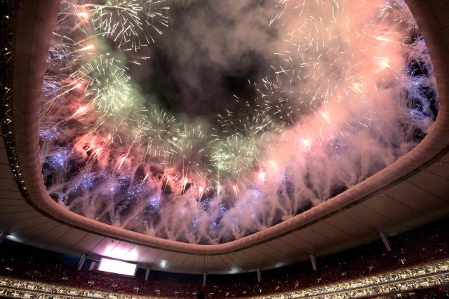 Fireworks above the stadium are seen ahead of the international friendly match between Mexico and Ecuador at the Akron Stadium in Zapopan, Jalisco state, Mexico on October 14, 2025. (Photo by Ulises RUIZ / AFP)