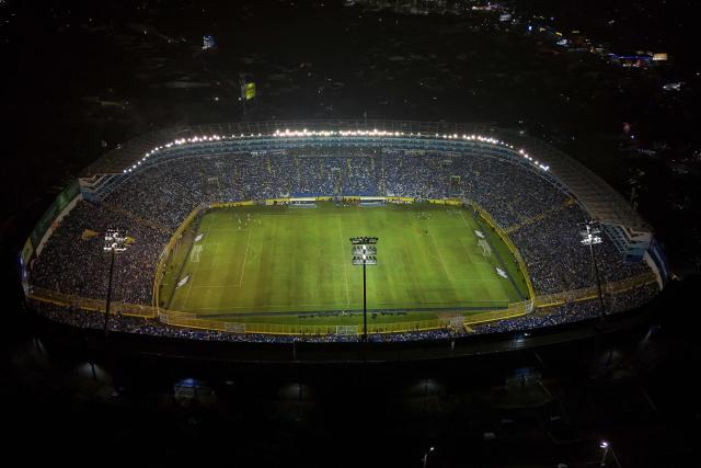 This aerial view shows the stadium ahead of the 2026 FIFA World Cup Concacaf qualifier football match between El Salvador and Guatemala at the Cuscatlan Stadium in San Salvador on October 14, 2025. (Photo by Marvin RECINOS / AFP)