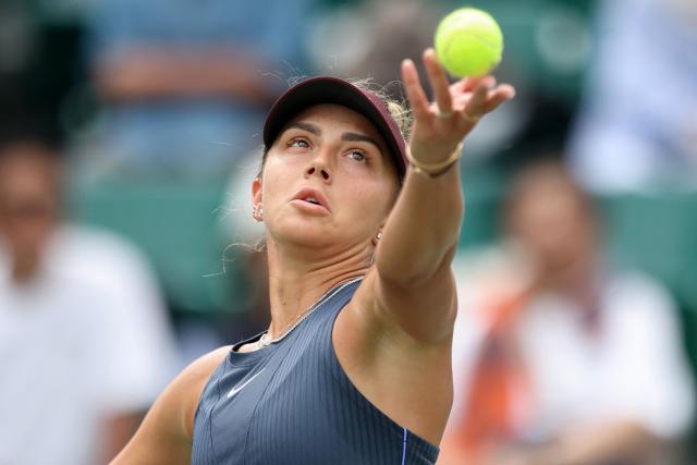 Romania's Jaqueline Cristian serves to Spain's Jessica Bouzas Maneiro during their women's singles match at the Japan Open tennis tournament in Osaka on October 15, 2025. (Photo by PAUL MILLER / AFP)