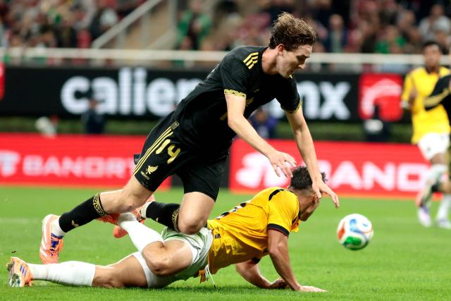 Mexico's midfielder #14 Marcel Ruiz and Ecuador's midfielder #21 Alan Franco fight for the ball during the international friendly match between Mexico and Ecuador at the Akron Stadium in Zapopan, Jalisco state, Mexico on October 14, 2025. (Photo by Ulises Ruiz / AFP)