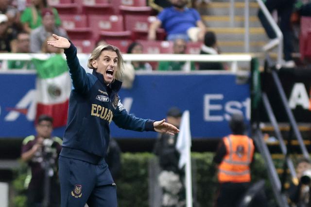 Ecuador's Argentine head coach Sebastian Beccacece gestures during the international friendly match between Mexico and Ecuador at the Akron Stadium in Zapopan, Jalisco state, Mexico on October 14, 2025. (Photo by Ulises Ruiz / AFP)