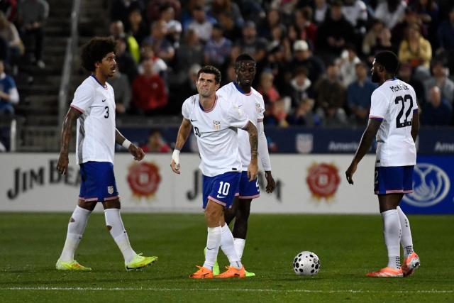 USA’s midfielder #10 Christian Pulisic limps after being tripped during the international friendly football match between USA and Australia at Dick's Sporting Goods Park in Commerce City, Colorado, on October 14, 2025. (Photo by Jason Connolly / AFP)