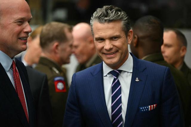 US Defense Secretary Pete Hegseth arrives to attend the meeting of the Ukraine Defence Contact Group, part of the meeting of NATO Ministers of Defence Summit at the NATO headquarters in Brussels on October 15, 2025. (Photo by NICOLAS TUCAT / AFP)