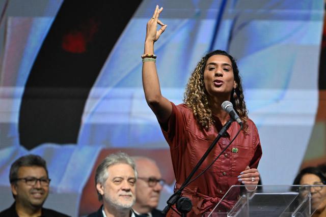Brazilian Minister of Racial Equality Anielle Franco speaks during a Teacher's Day ceremony at Rita Lee Park in Rio de Janeiro, Brazil, on October 15, 2025. (Photo by MAURO PIMENTEL / AFP)