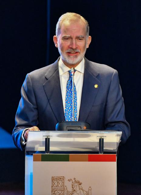 King Felipe VI of Spain speaks during the inauguration of the 10th International Congress of the Spanish Languaje (CILE) in Arequipa, Peru, on October 15, 2025. (Photo by Diego Ramos / AFP)