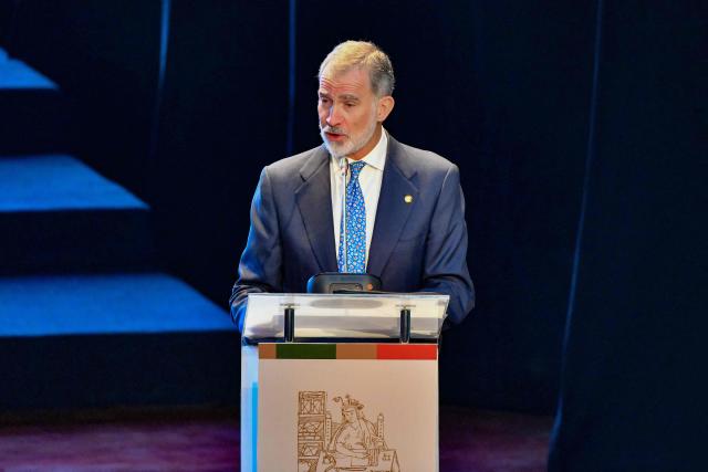 King Felipe VI of Spain speaks during the inauguration of the 10th International Congress of the Spanish Languaje (CILE) in Arequipa, Peru, on October 15, 2025. (Photo by Diego Ramos / AFP)