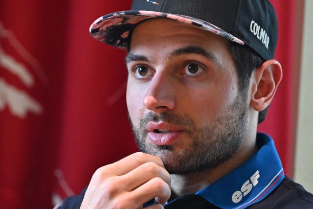 (FILES) France’s alpine ski racer Mathieu Faivre speaks to journalists in Soelden, Austria, on October 25, 2024, ahead of the FIS Alpine Ski World Cup opening. French Mathieu Faivre, world champion in giant slalom in 2021 and Olympic medalist the following year in Beijing, announced on October 15, 2025 that he is ending his career at the age of 33, explaining that he has "given it his all. (Photo by KERSTIN JOENSSON / AFP)