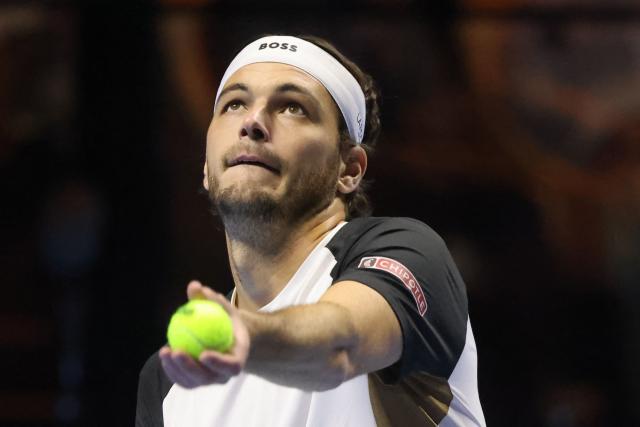 US' Taylor Fritz serves the ball to Germany's Alexander Zverev during the quarter-final of the Six Kings Slam exhibition tennis tournament in Riyadh on October 15, 2025. (Photo by Fayez NURELDINE / AFP)