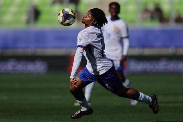France's defender #06 Ilane Toure controls the ball during the 2025 FIFA U-20 World Cup semi-final football match between Morocco and France at the Elias Figueroa Stadium in Valparaiso, Chile on October 15, 2025. (Photo by Javier TORRES / AFP)