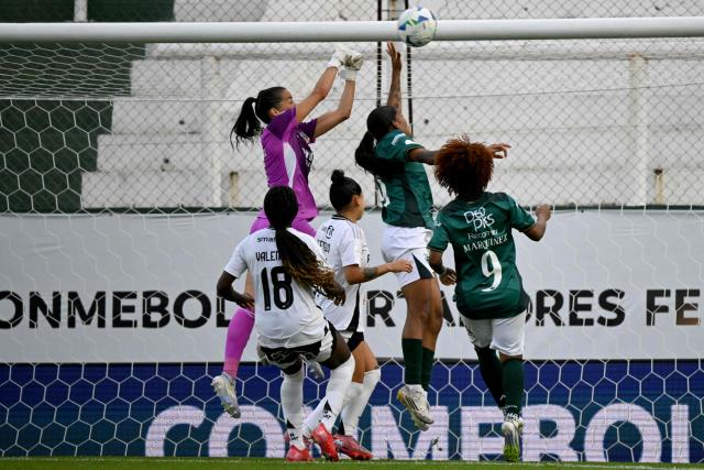 Colo Colo's goalkeeper #01 Ryann Torrero and Deportivo Cali's forward #19 Melanin Aponza fight for the ball during the 2025 Women's Copa Libertadores quarter-final football match between Chile's Colo Colo and Colombia's Deportivo Cali at the Florencio Sola Stadium in Banfield, Buenos Aires province on October 15, 2025. (Photo by Luis ROBAYO / AFP)