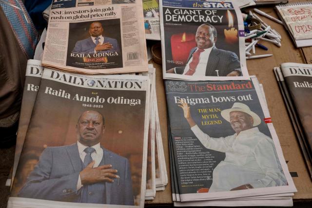 A general view of newspapers with headlines of Kenyan opposition leader Raila Odinga in Nairobi on October 16, 2025 following his death at the age of 80 during a health visit to India. Kenyan opposition leader Raila Odinga has died at the age of 80 during a health visit to India, local police said on October 15, 2025.
Odinga was the perennial opposition figure of Kenyan politics, running unsuccessfully for the presidency on five occasions, most recently in 2022. 
He remained a dominant force, able to rally huge numbers, particularly from his native western Kenya. (Photo by SIMON MAINA / AFP)