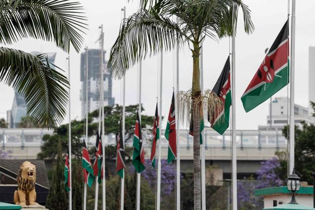 Kenyan flags fly half mast in Nairobi on October 16, 2025 following the death of Kenyan opposition leader Raila Odinga at the age of 80 during a health visit to India. Kenyan opposition leader Raila Odinga has died at the age of 80 during a health visit to India, local police said on October 15, 2025.
Odinga was the perennial opposition figure of Kenyan politics, running unsuccessfully for the presidency on five occasions, most recently in 2022. 
He remained a dominant force, able to rally huge numbers, particularly from his native western Kenya. (Photo by SIMON MAINA / AFP)