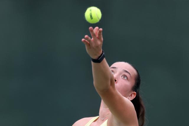 Czech Republic's Tereza Valentova serves to Belgium's Elise Mertens during their women's singles match at the Japan Open tennis tournament in Osaka on October 16, 2025. (Photo by PAUL MILLER / AFP)
