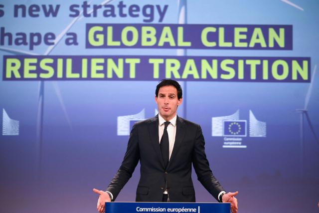 EU Commissioner for Climate, Net Zero and Clean Growth Wopke Hoekstra gestures during a press conference on an EU global climate and energy vision at the EU headquarters in Brussels on October 16, 2025. (Photo by Nicolas TUCAT / AFP)