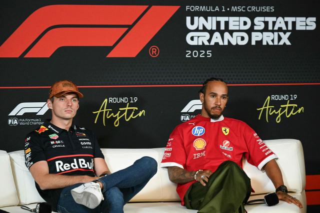 (L/R) Red Bull Racing's Dutch driver Max Verstappen and Ferrari's British driver Lewis Hamilton attend a press conference ahead of the United States Formula One Grand Prix at the Circuit of the Americas in Austin, Texas, on October 16, 2025. (Photo by RONALDO SCHEMIDT / AFP)