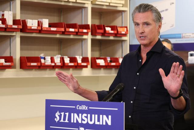 California Governor Gavin Newsom speaks during a press conference announcing $11 insulin and prescription drugs with the CalRX program inside a Cedars-Sinai pharmacy in Los Angeles, California on October 16, 2025. (Photo by Patrick T. Fallon / AFP)