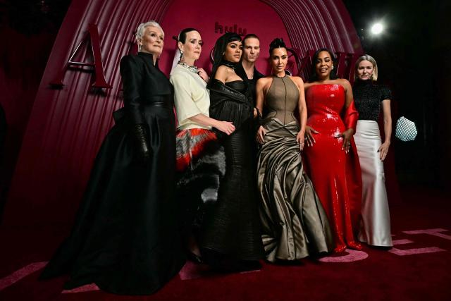 (L/R) US actress Glenn Close, US actress Sarah Paulson, US actress Teyana Taylor, US actor Matthew Noszka, US media personality and actress Kim Kardashian, US actress Niecy Nash and British actress Naomi Watts attend the world premiere of the Hulu original series "All's Fair" at the DGA Theater in Los Angeles on October 16, 2025. (Photo by Frederic J. Brown / AFP)