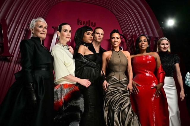 (L/R) US actress Glenn Close, US actress Sarah Paulson, US actress Teyana Taylor, US actor Matthew Noszka, US media personality and actress Kim Kardashian, US actress Niecy Nash and British actress Naomi Watts attend the world premiere of the Hulu original series "All's Fair" at the DGA Theater in Los Angeles on October 16, 2025. (Photo by Frederic J. Brown / AFP)