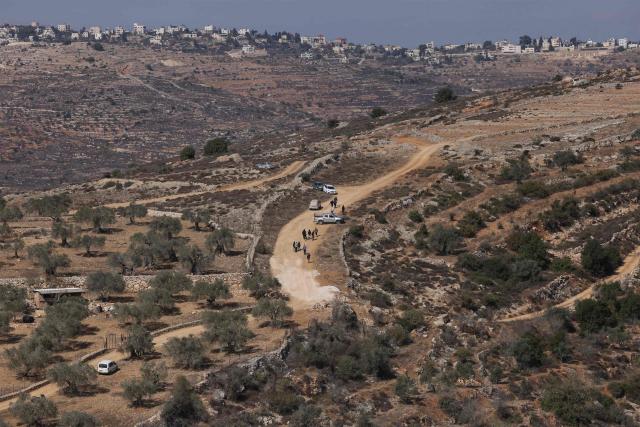 Israeli settlers (C) retreat after forcibly blocking Israeli and foreign activists who had gathered to assist with the annual olive harvest in the Palestinian village of Yabrud, near Ramallah in the Israeli occupied West Bank, on October 17, 2025. (Photo by HAZEM BADER / AFP)